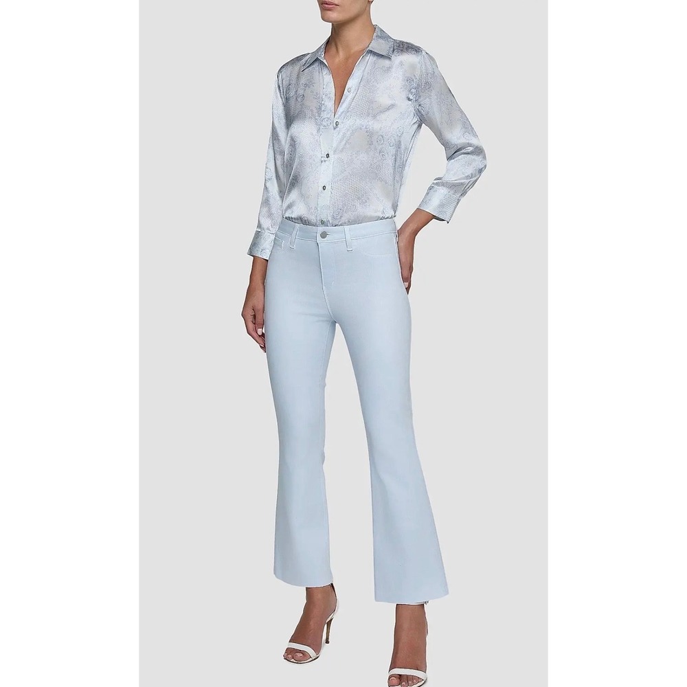 L'AGENCE Kendra High Rise Cropped Flare Jeans Light Blue Raw Hem Size 29